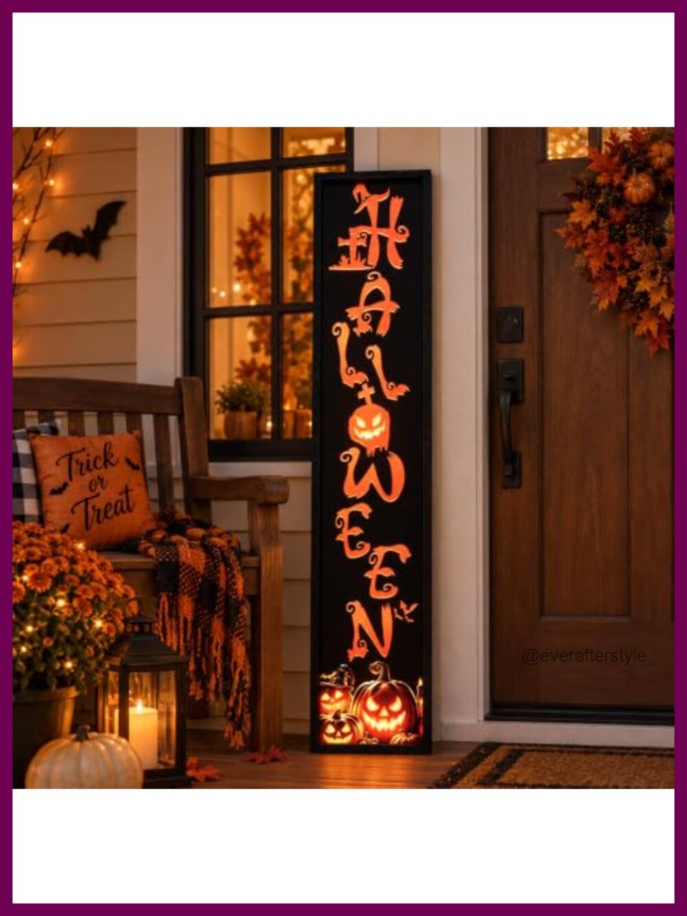 Halloween Porch Sign 45X9 Glowing Skull Pumpkins Wooden Front Door Decor